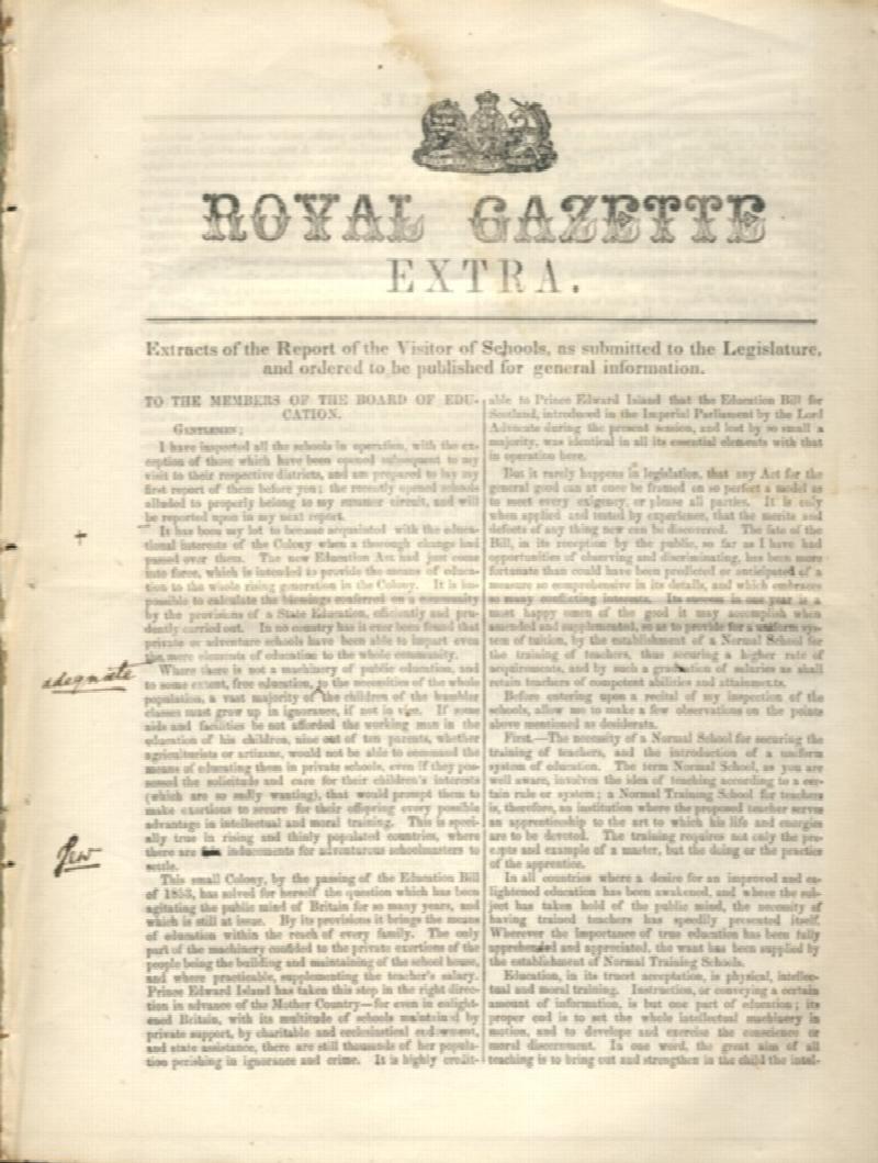 Image for Royal Gazette Extra. Extracts of the Report of the Visitor of Schools, as submitted to the Legislature, and ordered to be published for general information