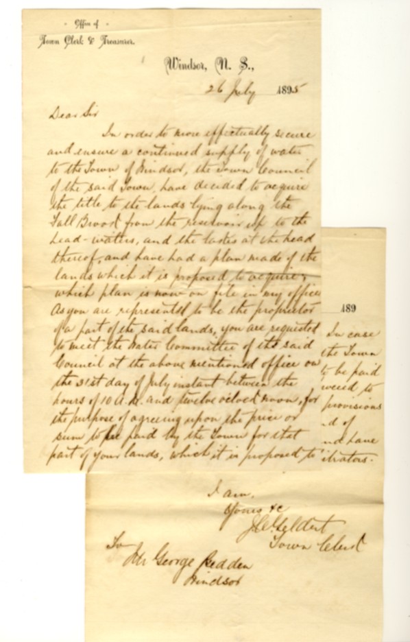 Image for 2 page manuscript letter on the letterhead of Office of Town Clerk & Treasurer, Windsor, N.S. dated 26 July 1895