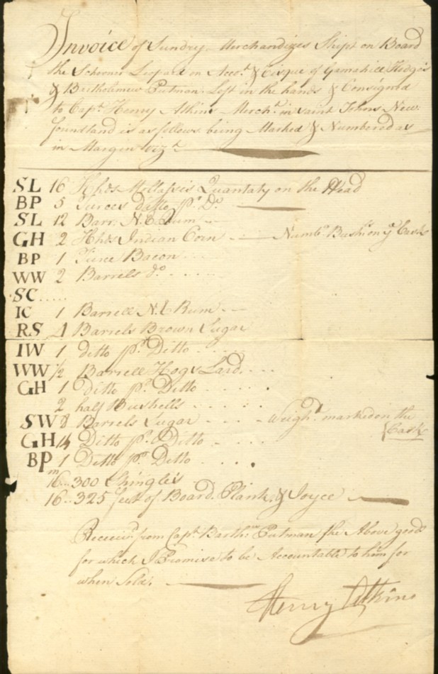 Image for Hand written invoice Newfoundland 1750s signed by Captain Henry Atkins.  'Invoice of Sunday Merchandizes(?) Ships on Board the Schooner Leopard on Accot. & Cisque(?) Gamahill Hodges & Bartholomew Putman. Left in the hands & consigned to Capt. Henry Atkins