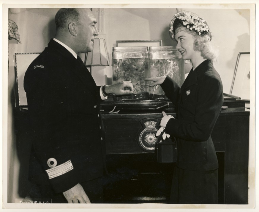 RCN Photograph of Barbara-Ann Scott and Commodore K.F. Adams, on board H.M.C.S. Magnificent, at Halifax, Nova Scotia, Sunday, April 16, 1950 Image for RCN Photograph of Barbara-Ann Scott and Commodore K.F. Adams, on board H.M.C.S. Magnificent, at Halifax, Nova Scotia, Sunday, April 16, 1950
