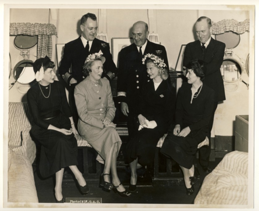 Image for RCN Photograph of Barbara-Ann Scott, Commodore K.F. Adams, and Others Onboard HMCS Magnificent, at Halifax, Nova Scotia, Sunday, April 16th, 1950