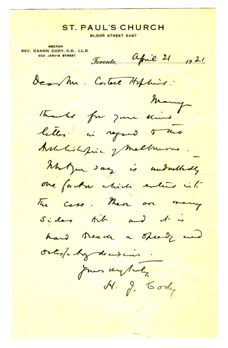 Image for Manuscript letter to Castell Hopkins from Henry John Cody written on 'St. Paul's Church' letterhead , dated April 21 1921