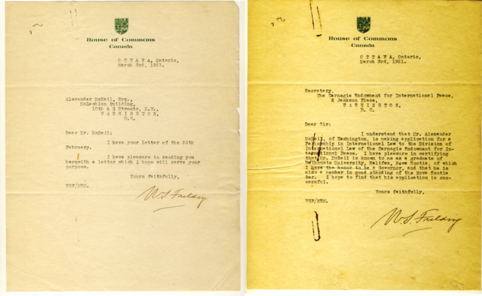 Image for Two signed letters from William Stevens Fielding concerning the application of Alexander McNeil for a Fellowship in International Law to the Division of International Law of the Carnegie Endowment for International Peace