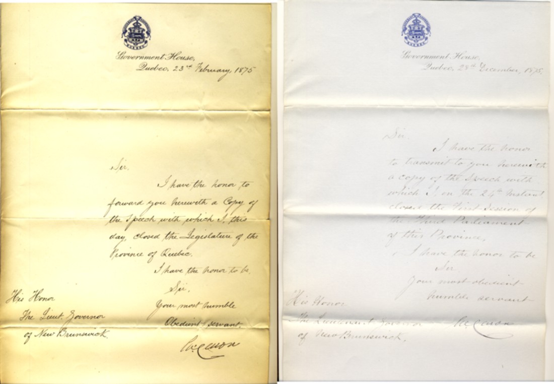 Image for Two Manuscript letters from René-Édouard Caron to His Honour The Lieutenant Governor Fredericton, New Brunswick, dated Quebec 23rd. February  and 28th December