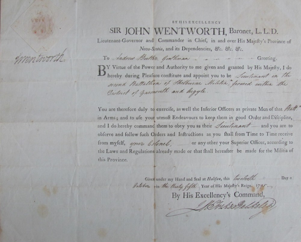 Image for Autograph Document signed, J. Wentworth, dated Halifax 12th October, 1795, appointing Andrew Butler, Gentleman, a Lieutenant in the Second Battalion of Shelborne Militia, counter signed James Michael Freke Bulkeley as Provincial Secretary.