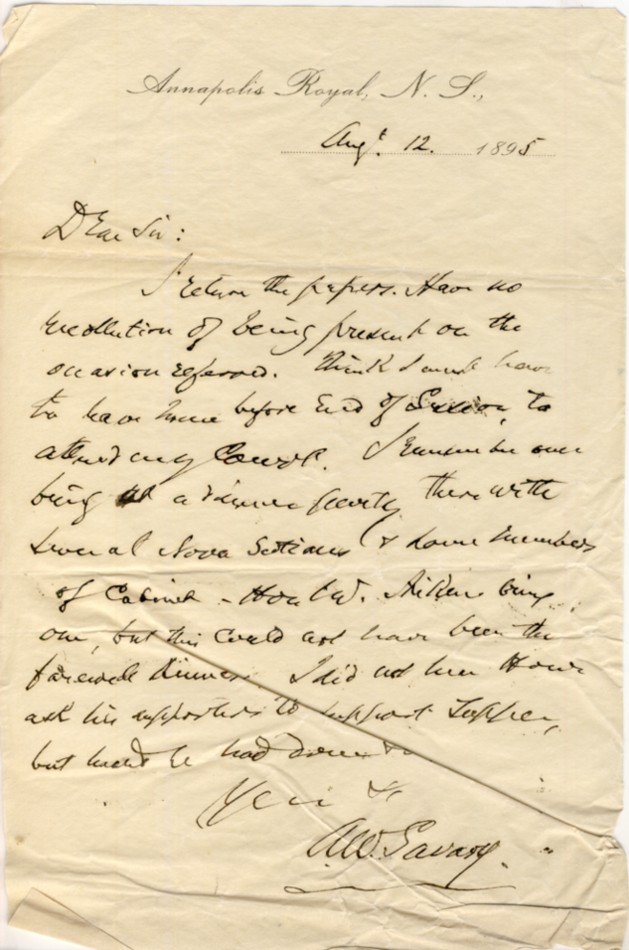 Image for Handwritten letter  with letterhead of Annapolis Royal, N.S. dated Aug12 1895 signed AW Savary