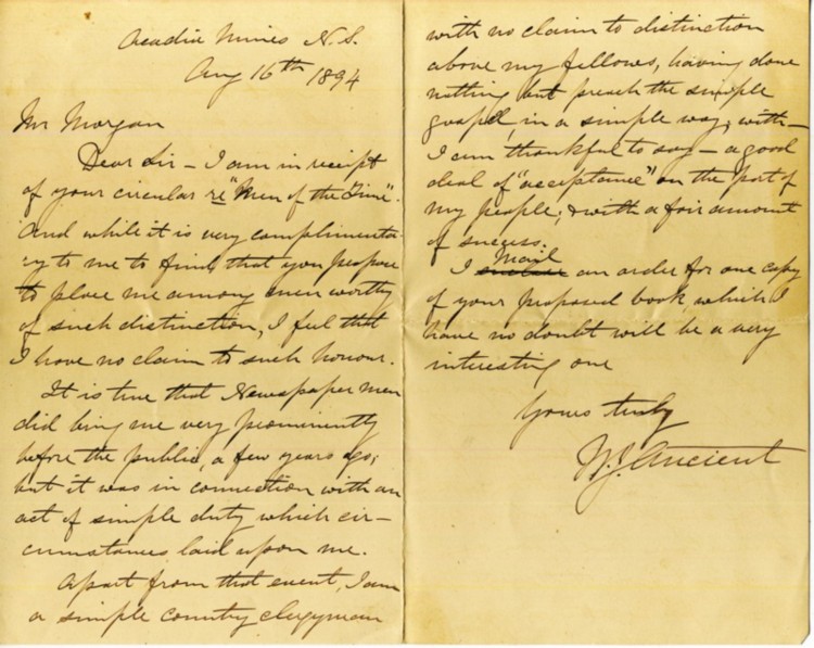 Image for Hand written letter to (Henry) Morgan dated Acadia Mines, NS Aug16th, 1894