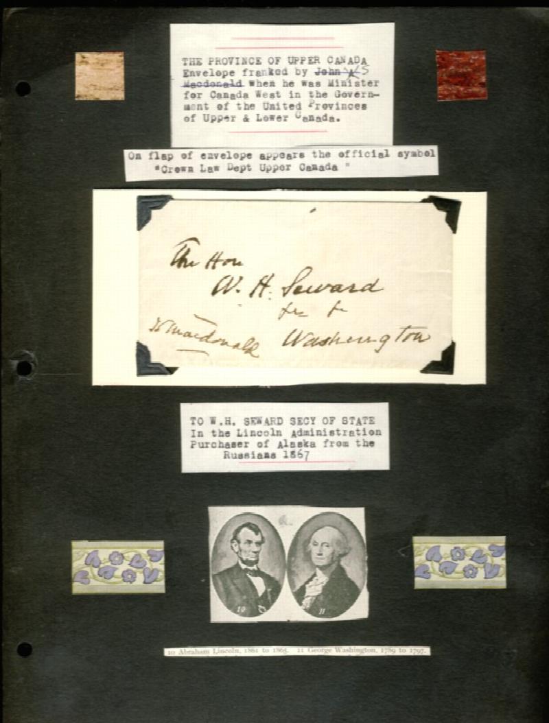 Image for Province of  Upper Canada 'Free Frank'  envelope mounted on display sheet  from John Sandfield MacDonald  to Hon. W.H. Seward Washington. Envelope hand signed and writtten withh embossed stamp of the Crown Land Dept. Upper Canada on back flap
