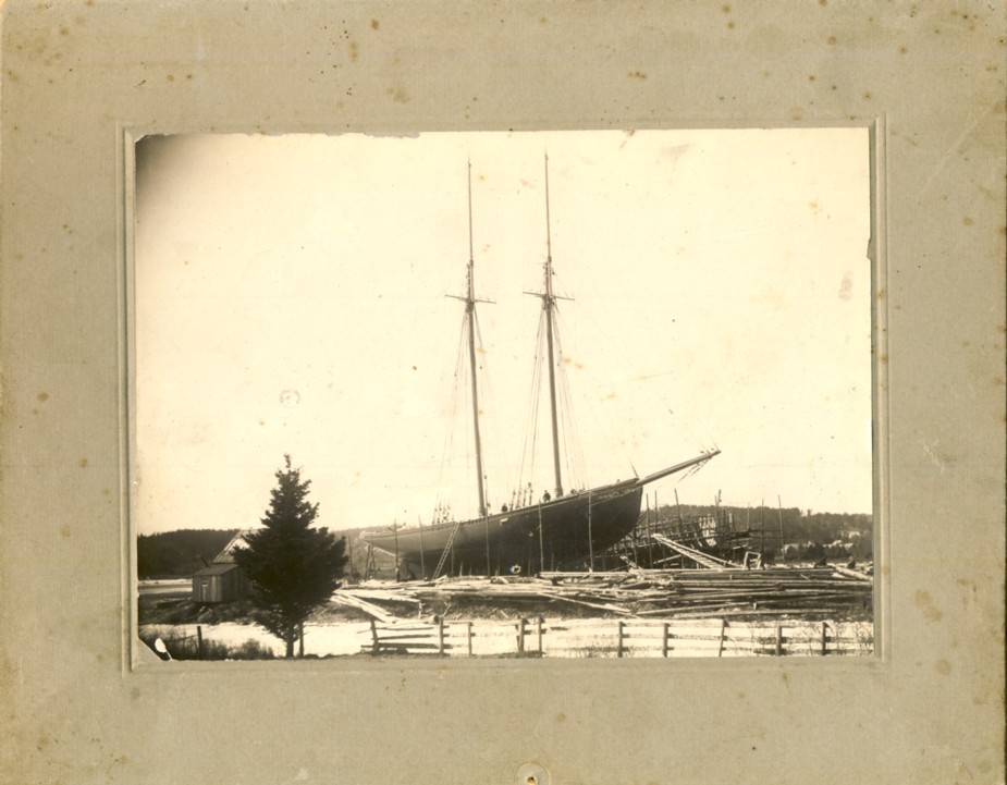 Photograph of schooner being built in a shipyard Image for Photograph of schooner being built in a shipyard