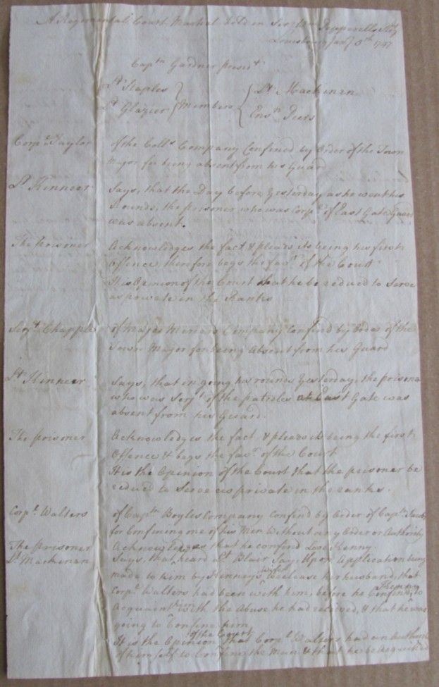An Original Court Martial Document, signed by Captain Samuel Gardner as President of a Regimental Court Martial held in Sir Wm. Pepperell’s Regt. Image for An Original Court Martial Document, signed by Captain Samuel Gardner as President of a Regimental Court Martial held in Sir Wm. Pepperell’s Regt.