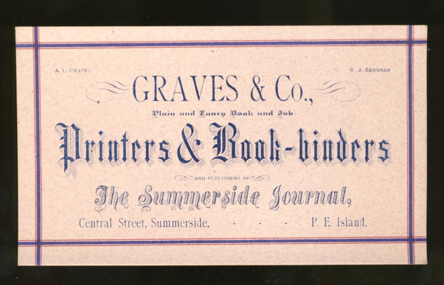 Image for Advertising cards  Graves & Co. Printers and Bookbinders  of Summerside Prince Edward (1890s)