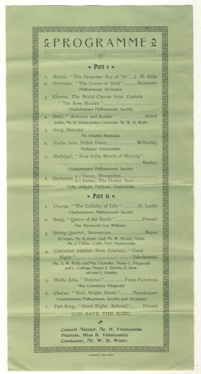 Image for Programme Part I [&] Part II. Concert Meister, Mr. H. Vinnicombe Pianiste, Miss B. Vinicombe Conductor, Mr. W. H. Watts